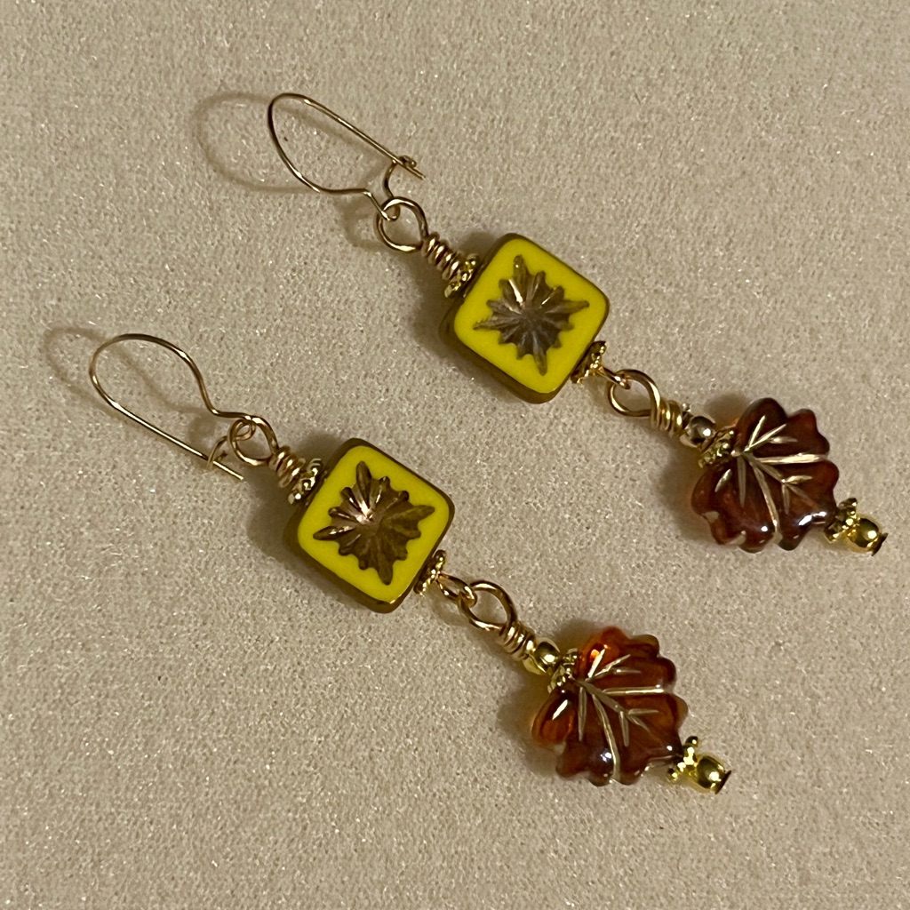 New Unique Czech Glass Yellow Window & Maple Leaf Bead Dangle Earrings